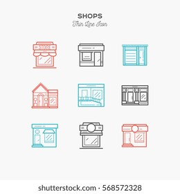 Home and shops thin line color icons set, vector illustration