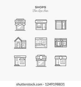Home and shops thin line icons set, vector illustration