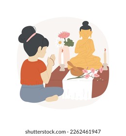 Home shrine isolated cartoon vector illustration. Little girl praying at home altar in front of mirror, everyday Buddhism religious rituals, children worship, spiritual practice vector cartoon.