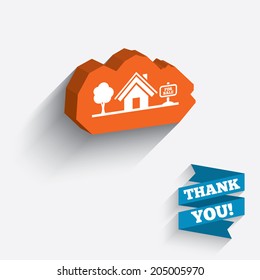 Home sign icon. House for sale. Broker symbol. White icon on orange 3D piece of wall. Carved in stone with long flat shadow. Vector