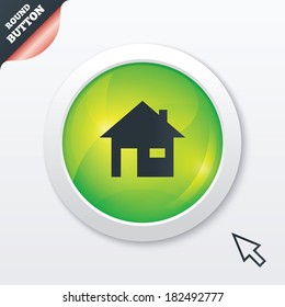 Home sign icon. Main page button. Navigation symbol. Green shiny button. Modern UI website button with mouse cursor pointer. Vector