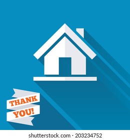 Home sign icon. Main page button. Navigation symbol. White flat icon with long shadow. Paper ribbon label with Thank you text. Vector