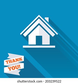 Home sign icon. Main page button. Navigation symbol. White flat icon with long shadow. Paper ribbon label with Thank you text. Vector