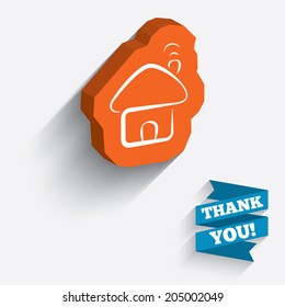 Home sign icon. Main page button. Navigation symbol. White icon on orange 3D piece of wall. Carved in stone with long flat shadow. Vector