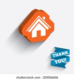 Home sign icon. Main page button. Navigation symbol. White icon on orange 3D piece of wall. Carved in stone with long flat shadow. Vector