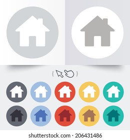 Home sign icon. Main page button. Navigation symbol. Round 12 circle buttons. Shadow. Hand cursor pointer. Vector