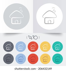 Home sign icon. Main page button. Navigation symbol. Round 12 circle buttons. Shadow. Hand cursor pointer. Vector