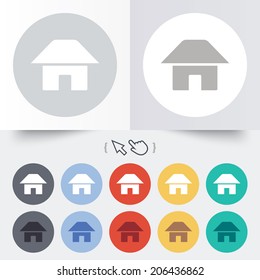 Home sign icon. Main page button. Navigation symbol. Round 12 circle buttons. Shadow. Hand cursor pointer. Vector