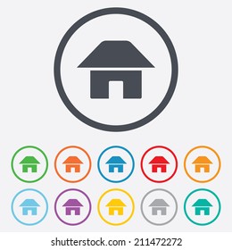 Home sign icon. Main page button. Navigation symbol. Round circle buttons with frame. Vector