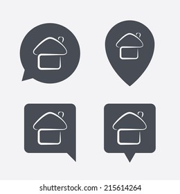 Home sign icon. Main page button. Navigation symbol. Map pointers information buttons. Speech bubbles with icons. Vector