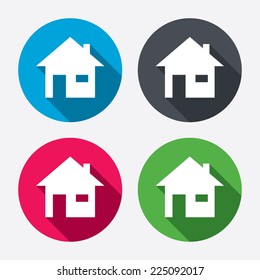 Home sign icon. Main page button. Navigation symbol. Circle buttons with long shadow. 4 icons set. Vector