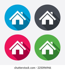 Home sign icon. Main page button. Navigation symbol. Circle buttons with long shadow. 4 icons set. Vector