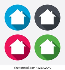 Home sign icon. Main page button. Navigation symbol. Circle buttons with long shadow. 4 icons set. Vector