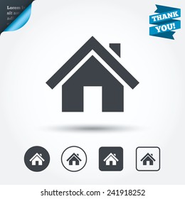Home sign icon. Main page button. Navigation symbol. Circle and square buttons. Flat design set. Thank you ribbon. Vector