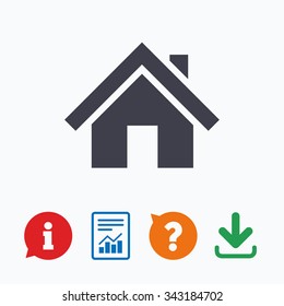 Home sign icon. Main page button. Navigation symbol. Information think bubble, question mark, download and report.