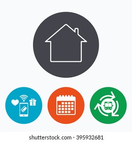 Home sign icon. Main page button. Navigation symbol. Mobile payments, calendar and wifi icons. Bus shuttle.