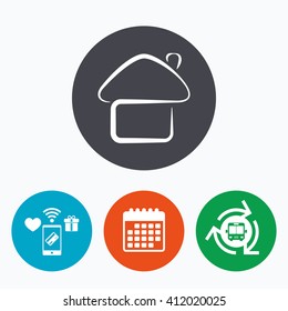 Home sign icon. Main page button. Navigation symbol. Mobile payments, calendar and wifi icons. Bus shuttle.