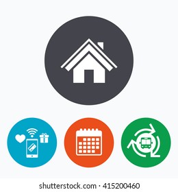 Home sign icon. Main page button. Navigation symbol. Mobile payments, calendar and wifi icons. Bus shuttle.