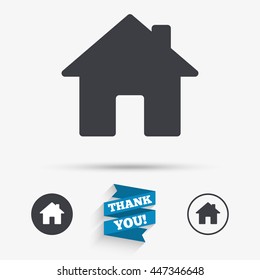 Home sign icon. Main page button. Navigation symbol. Flat icons. Buttons with icons. Thank you ribbon. Vector
