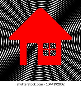 Home sign illustration. Vector. Red icon on white and black radial interference as background.