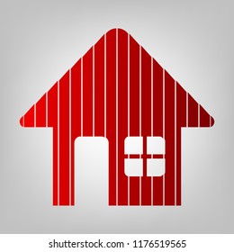 Home sign illustration. Vector. Vertically divided icon with colors from reddish gradient in gray background with light in center.