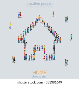 Home sign shape casual micro people crowd flat 3d web isometric infographic concept vector. Creative people collection.