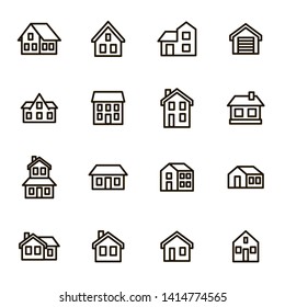 Home Signs Black Thin Line Icon Set Include of Cottage, Garage, House and Apartment. Vector illustration of Icons