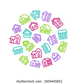 Home Signs Thin Line Concept Round Design Template Banner Include of Cottage, Garage, House and Apartment. Vector illustration of Icons