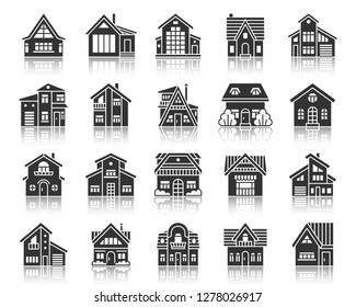 Home silhouette icons set. Monochrome web sign kit of home exterior. Township pictogram collection includes sale, estate new build. Cottage simple vector black symbol. House shape icon with reflection