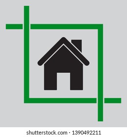 Home silhouette illustration. Black icon inside green crop tool at light gray background