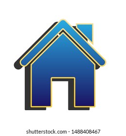 Home silhouette illustration. Blue icon with gold contour with dark gray shadow at white background. Illustration.