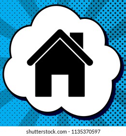 Home silhouette illustration. Vector. Black icon in bubble on blue pop-art background with rays.