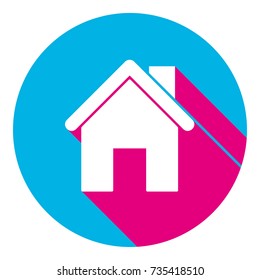 Home silhouette illustration. Vector. Flat white icon with mexican pink shadow inside sky blue circle at white background. Isolated. Trend colors in 2017.