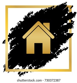 Home silhouette illustration. Vector. Golden icon at black spot inside golden frame on white background.