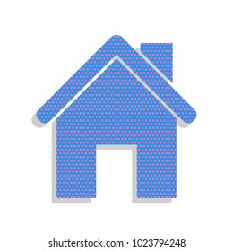 Home silhouette illustration. Vector. Neon blue icon with cyclamen polka dots pattern with light gray shadow on white background. Isolated.
