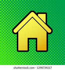 Home silhouette illustration. Vector. Pop art orange to yellow dots-gradient icon with black contour at greenish background.