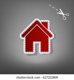 Home silhouette illustration. Vector. Red icon with for applique from paper with shadow on gray background with scissors.