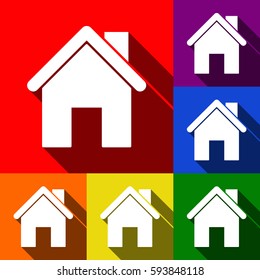 Home silhouette illustration. Vector. Set of icons with flat shadows at red, orange, yellow, green, blue and violet background.