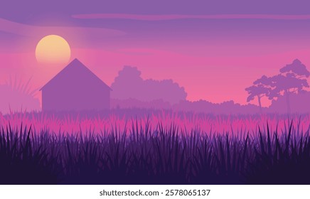 Home Silhouette in Rice Field Landscape with Sun at Sunrise Sunset in Purple Sky