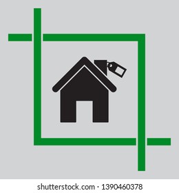 Home silhouette with tag. Black icon inside green crop tool at light gray background