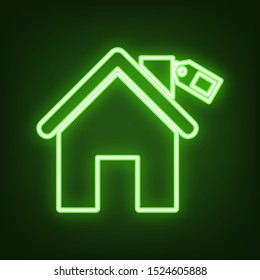Home silhouette with tag. Green neon icon in the dark. Blurred lightening. Illustration.