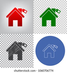 Home silhouette with tag. Vector. 4 styles. Red gradient in radial lighted background, green flat and gray scribble icons on transparent and linear one in blue circle.