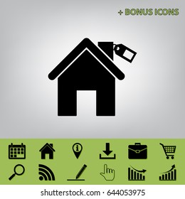 Home silhouette with tag. Vector. Black icon at gray background with bonus icons at celery ones