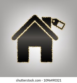 Home silhouette with tag. Vector. Blackish icon with golden stars at grayish background.