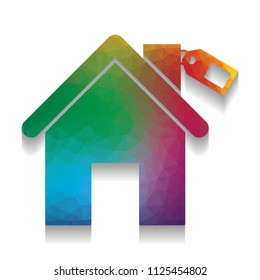 Home silhouette with tag. Vector. Colorful icon with bright texture of mosaic with soft shadow on white background. Isolated.