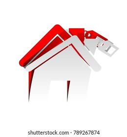 Home silhouette with tag. Vector. Detachable paper icon with red body stock. Isolated.