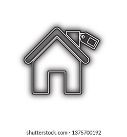 Home silhouette with tag. Vector. Double contour black icon with soft shadow at white background. Isolated.