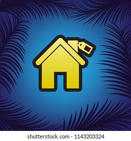 Home silhouette with tag. Vector. Golden icon with black contour at blue background with branches of palm trees.
