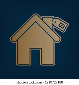 Home silhouette with tag. Vector. Golden icon and border at dark cyan background.