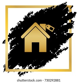 Home silhouette with tag. Vector. Golden icon at black spot inside golden frame on white background.